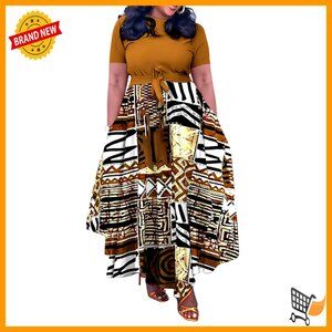 Plus Size A-Line Maxi Dress with Belt, 3/4 Sleeve, Casual Long Dress